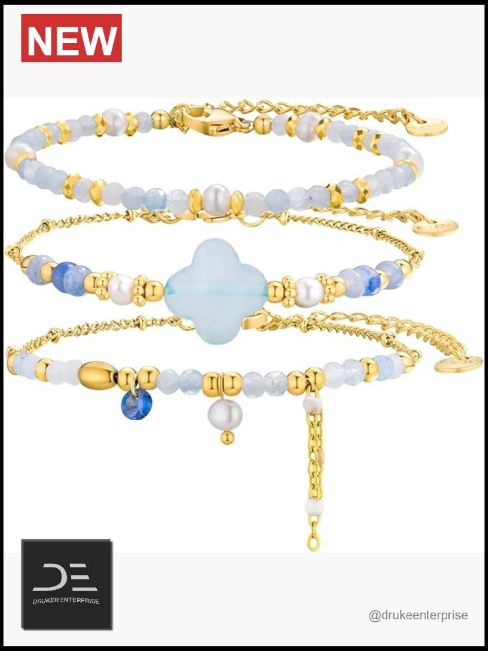 Stackable Beaded Bracelet Set 3PCS Healing Natural Stone Crystal Dainty Boho